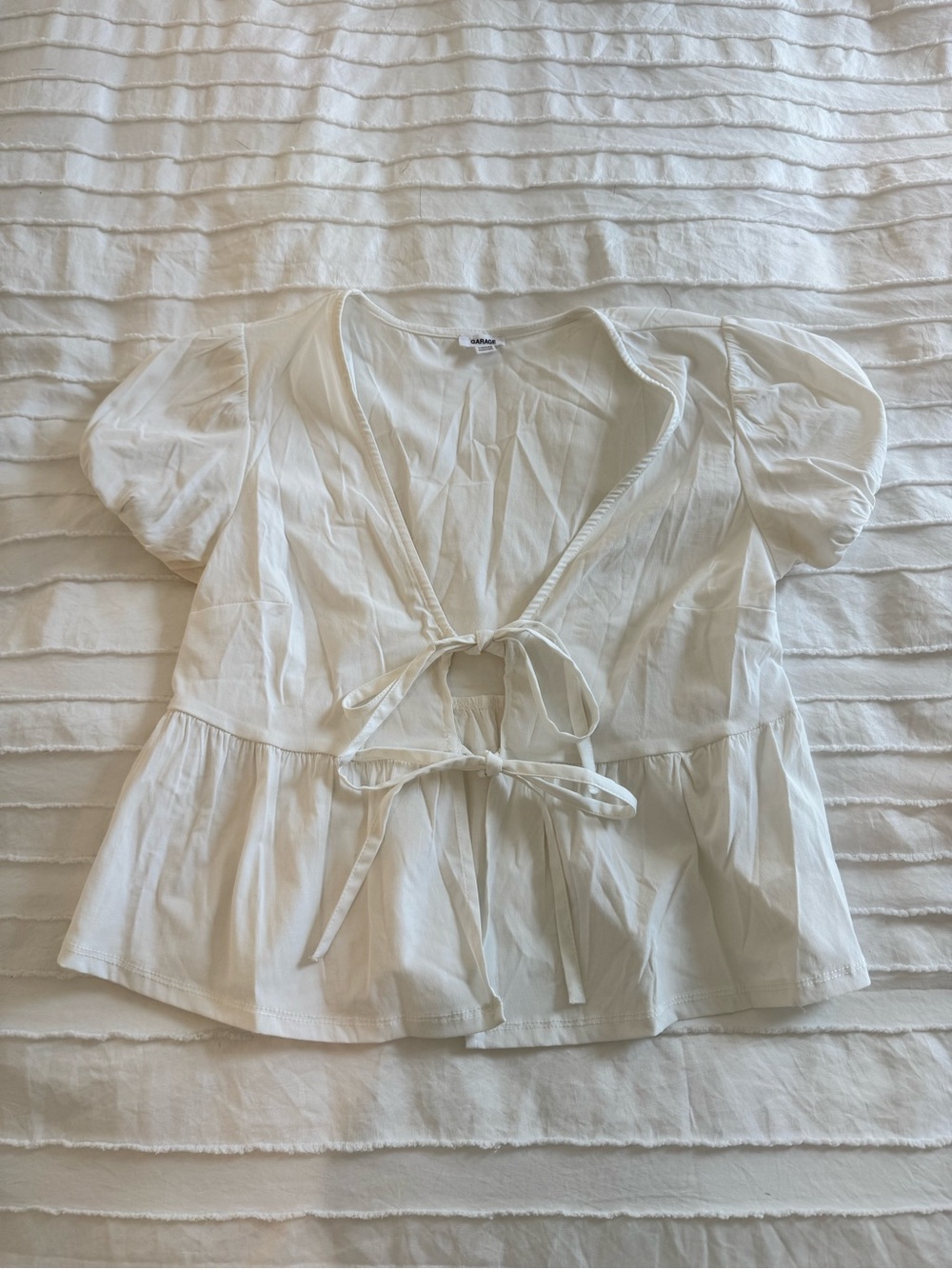 Garage White Tie-Front Puff Sleeve Blouse